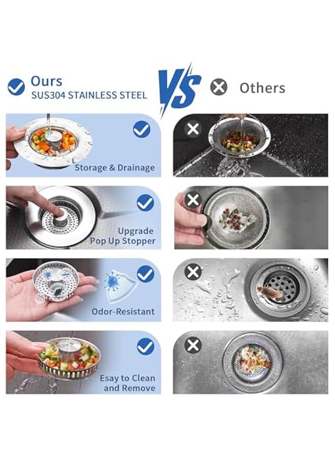 3-in-1 Kitchen Sink Drain Strainer - Pop Up Sink Stopper, 304 Stainless Steel Sink Drain Strainer, Kitchen Sink Stopper with Anti-Clogging Design, Kitchen Sink Strainer Fits US Standard 3-1/2'' Drains  - Image 4