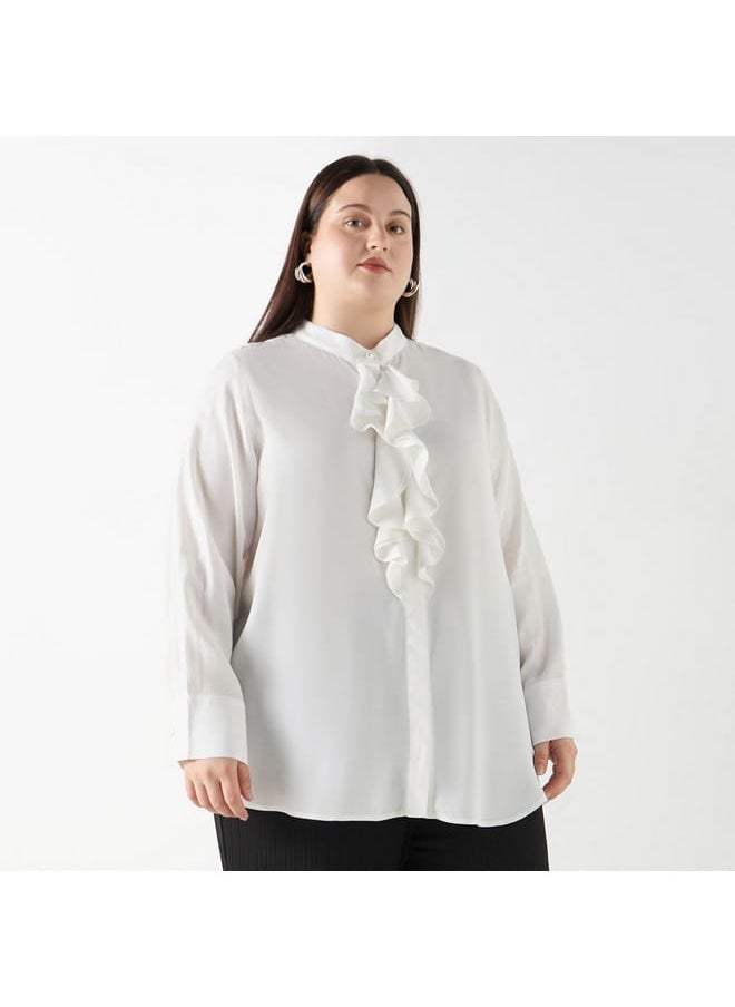 Ulla Popken Plus Size Ulla Popken Regular Fit Solid Shirt with Mandarin Collar and Ruffle Detail  - Image 1