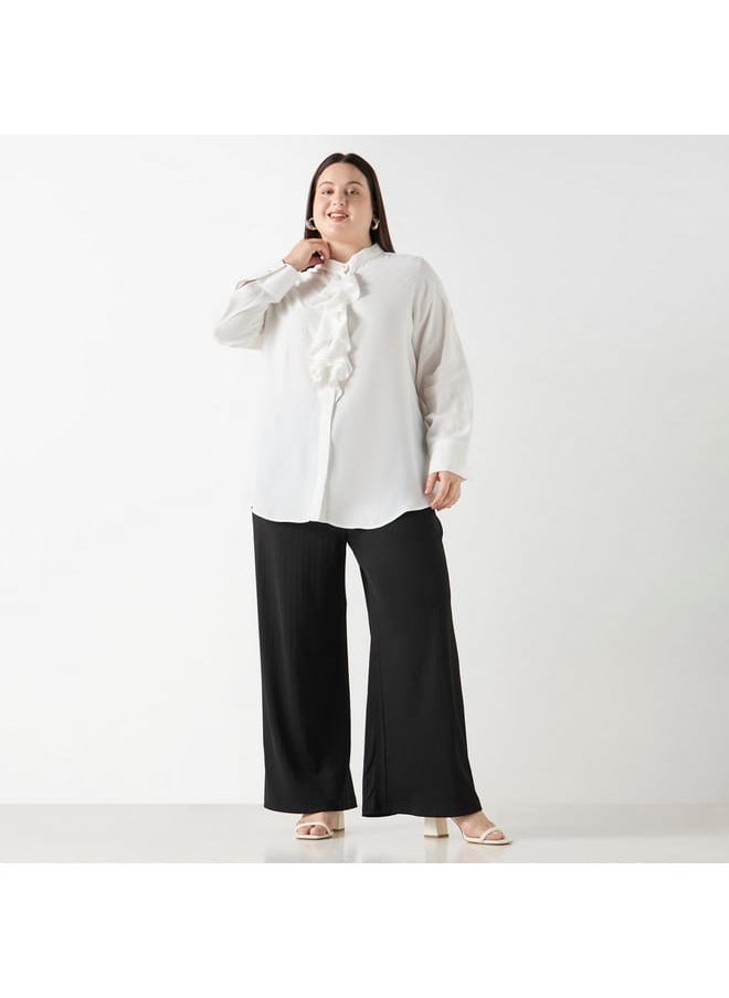 Ulla Popken Plus Size Ulla Popken Regular Fit Solid Shirt with Mandarin Collar and Ruffle Detail  - Image 2