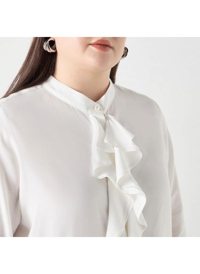 Ulla Popken Plus Size Ulla Popken Regular Fit Solid Shirt with Mandarin Collar and Ruffle Detail  - Image 4