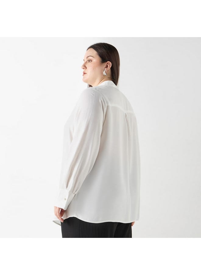 Ulla Popken Plus Size Ulla Popken Regular Fit Solid Shirt with Mandarin Collar and Ruffle Detail  - Image 3