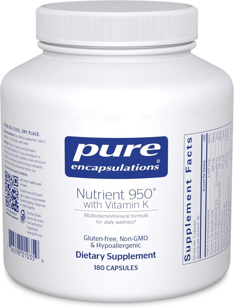 Pure Encapsulations مكمل غذائي نقي 950 مع فيتامين ك 180 كبسولة  مكمل متعدد الفيتامينات والمعادن  دعم العظام والأوعية الدموية  امتصاص مثالي  خالي من الغلوتين  غير معدل وراثيًا  180 كبسولة - Image 1