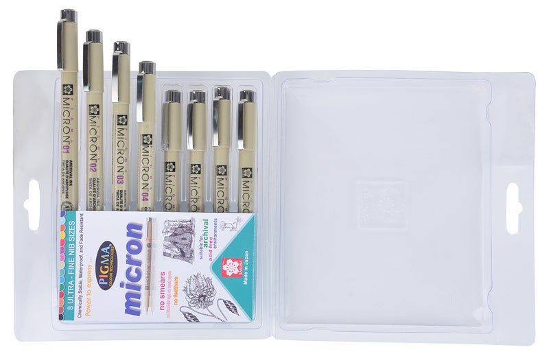 Sakura Pigma Micron Fine Line pens - Set - A (with 04 nib added) - Pack of 8 assorted nibs in Black colour (003,005,01,02,03, 04, 05 & 08 tip) - Image 2