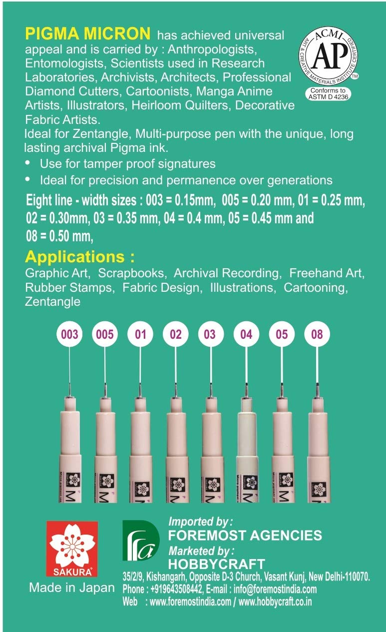 Sakura Pigma Micron Fine Line pens - Set - A (with 04 nib added) - Pack of 8 assorted nibs in Black colour (003,005,01,02,03, 04, 05 & 08 tip) - Image 4