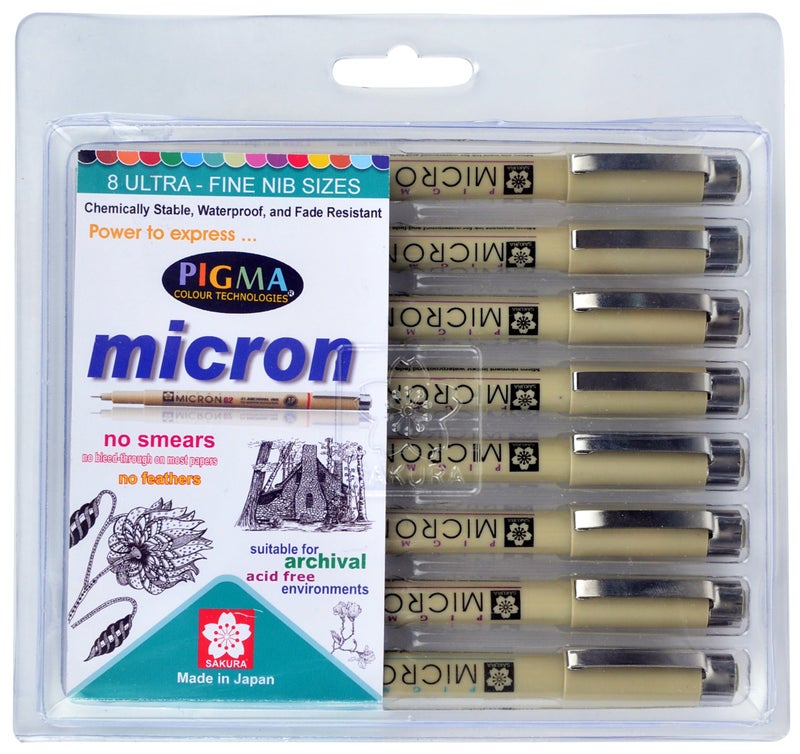Sakura Pigma Micron Fine Line pens - Set - A (with 04 nib added) - Pack of 8 assorted nibs in Black colour (003,005,01,02,03, 04, 05 & 08 tip) - Image 1