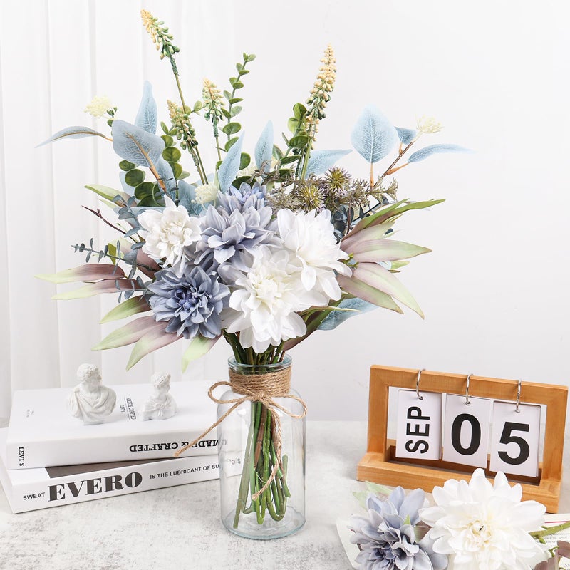Pusuny Fake Artificial Flowers Bouquet for Decoration, Silk Floral Arrangements Faux Flowers Plant Wedding Bride Bouquets Tables Centerpieces for Rustic Home Decor Indoor Vase Floral Table Decor (Blue White) - Image 2