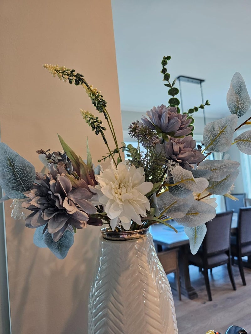 Pusuny Fake Artificial Flowers Bouquet for Decoration, Silk Floral Arrangements Faux Flowers Plant Wedding Bride Bouquets Tables Centerpieces for Rustic Home Decor Indoor Vase Floral Table Decor (Blue White) - Image 3