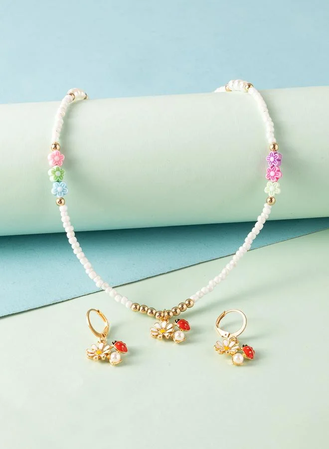 Girls Multi-Color Fower Charm Beaded Necklace and Earrings Set