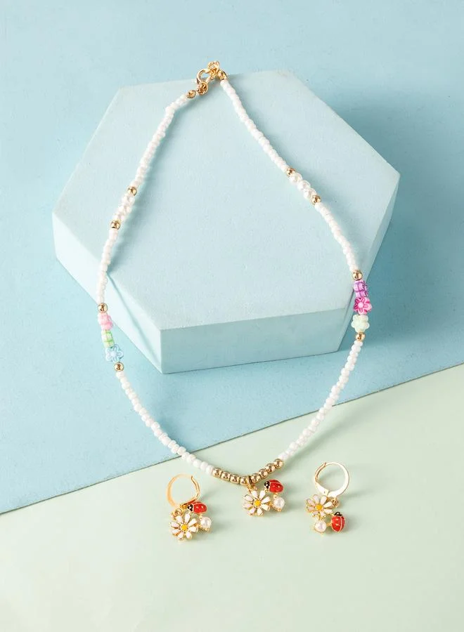 Take Two  Girls Multi-Color Fower Charm Beaded Necklace and Earrings Set for Women | Best Price UAE