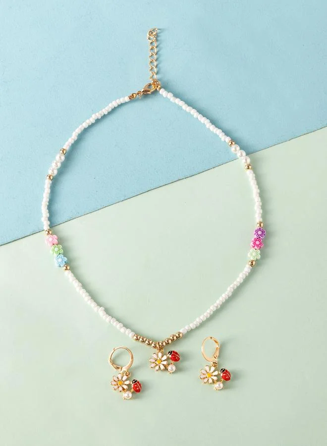 Take Two  Girls Multi-Color Fower Charm Beaded Necklace and Earrings Set for Women | Best Price UAE