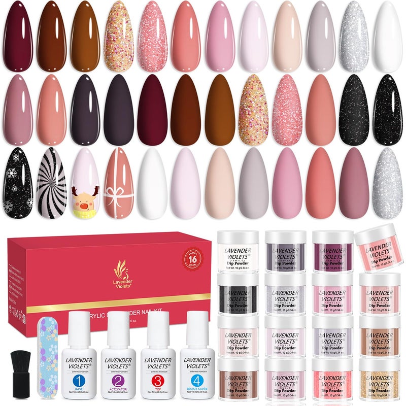 Lavender Violets 22 Pcs Dip Powder Nail Kit Starter - 16 Colors Nude Pinkish Brown Skin Tone with Base Top Coat, Activator, Brush Saver, Nail Buffer and Powder Brush M960B - Image 1