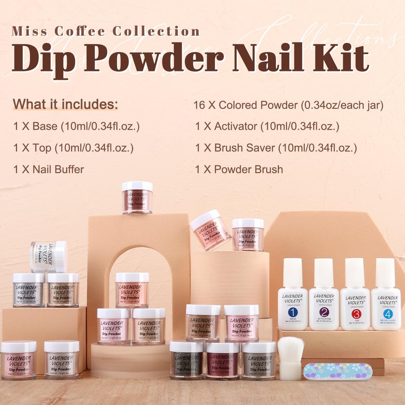Lavender Violets 22 Pcs Dip Powder Nail Kit Starter - 16 Colors Nude Pinkish Brown Skin Tone with Base Top Coat, Activator, Brush Saver, Nail Buffer and Powder Brush M960B - Image 4