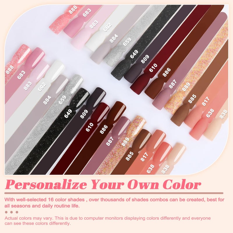 Lavender Violets 22 Pcs Dip Powder Nail Kit Starter - 16 Colors Nude Pinkish Brown Skin Tone with Base Top Coat, Activator, Brush Saver, Nail Buffer and Powder Brush M960B - Image 2