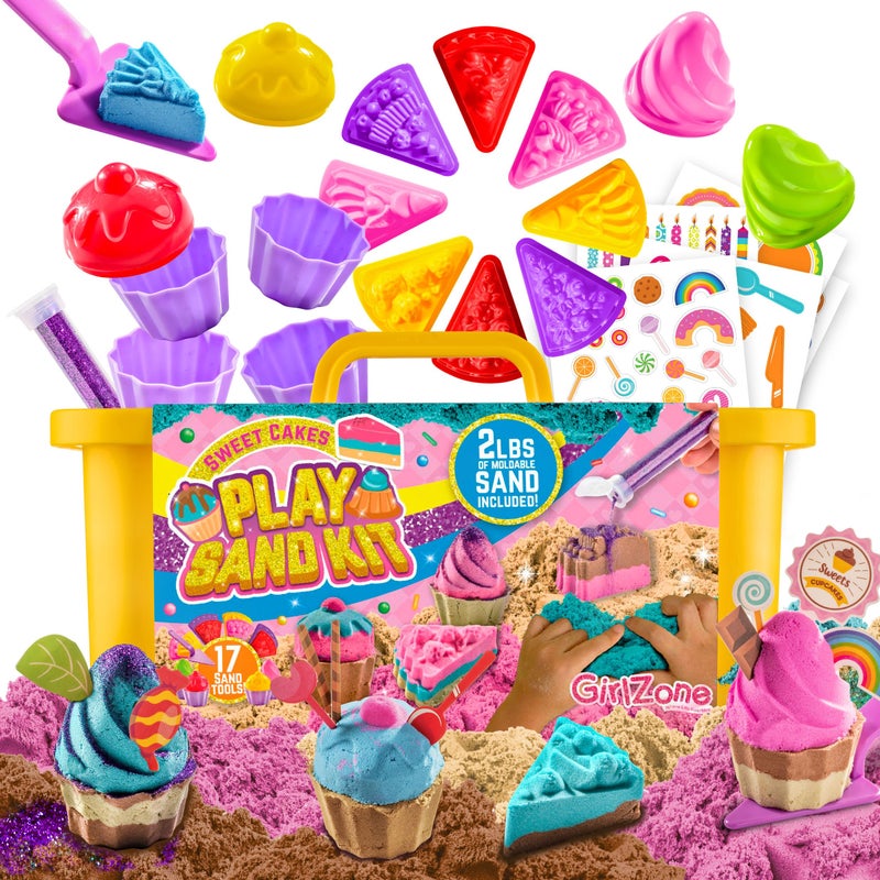 GirlZone Sweet Cakes Moldable Sensory Sand Kit for Toddlers Age 3-5 - 2lbs & 17 Sandbox Tools - Moldable Play Sand Toys for Kids - Image 1