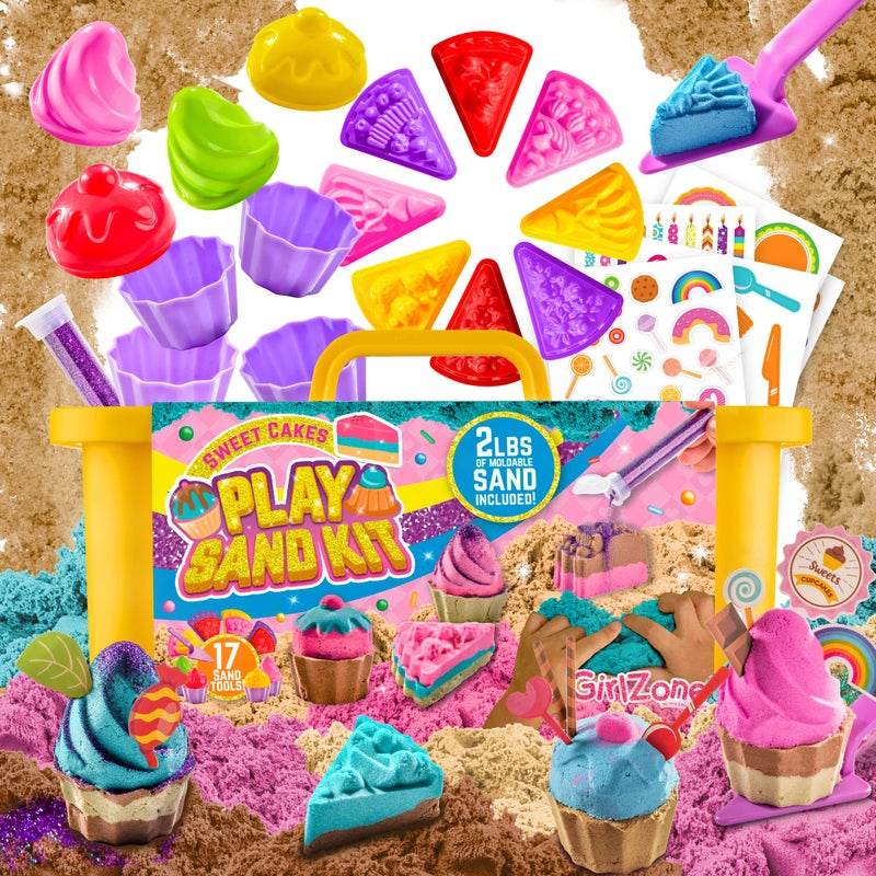 GirlZone Sweet Cakes Moldable Sensory Sand Kit for Toddlers Age 3-5 - 2lbs & 17 Sandbox Tools - Moldable Play Sand Toys for Kids - Image 2