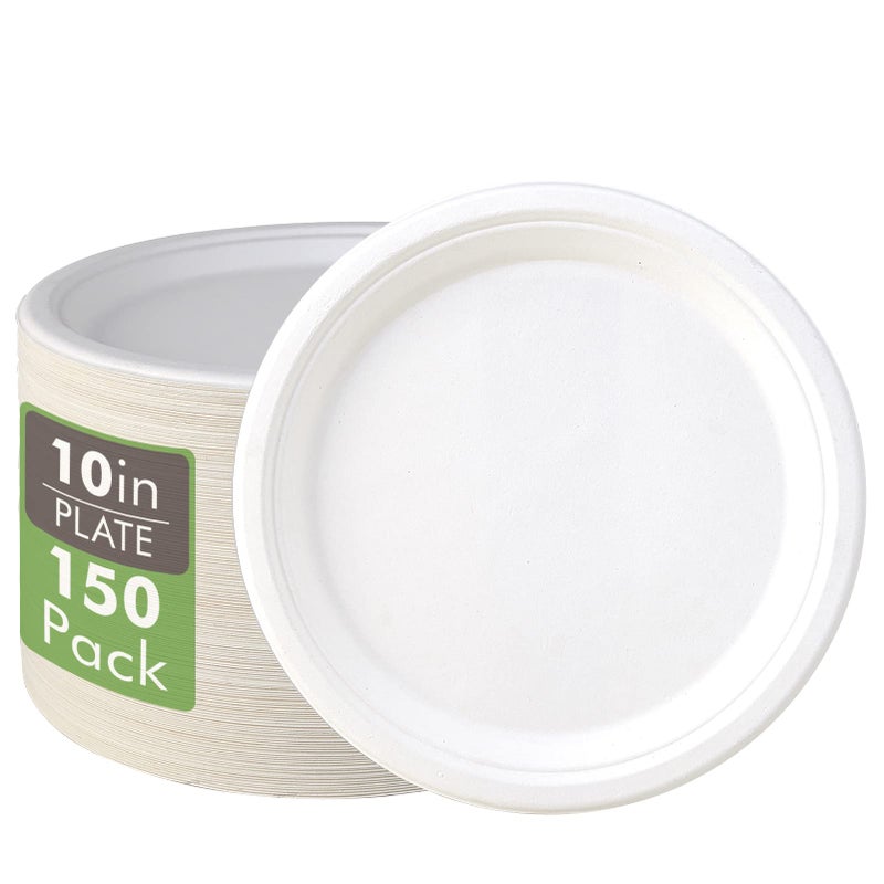 Vplus 150 Pack Compostable Disposable Paper Plates 1025 inch Super Strong Paper Plates 100 Bagasse Natural Biodegradable EcoFriendly Sugarcanewhite