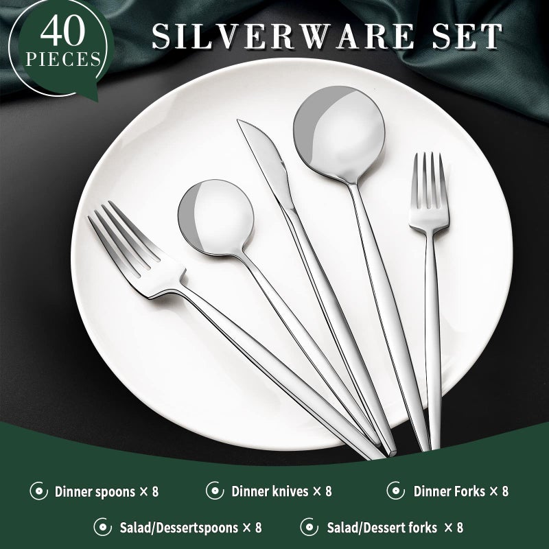 CEKEE 40-Piece Silverware Set for 8, CEKEE Stainless Steel Flatware Cutlery Set Included Knife Spoon and Fork, Kitchen Utensils Set for Home Hotel Wedding Restaurant - Mirror Polished & Dishwasher Safe - Image 2