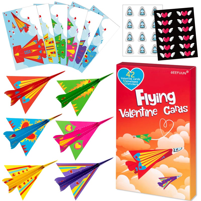 Geefuun Valentines Cards: 42 Paper Airplane Cards + 42 Envelopes+ 132 Stickers Heart Crafts Exchange Party Gift Favor - Image 1