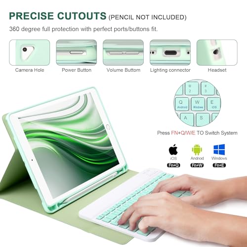 APHBZGE for iPad 6/5th Generation Case with Keyboard 2018/2017,Detachable Bluetooth Keyboard case for iPad Air 2/1,iPad Keyboard Case 9.7 inch with Pencil Holder,Square Keycaps,Green - Image 3