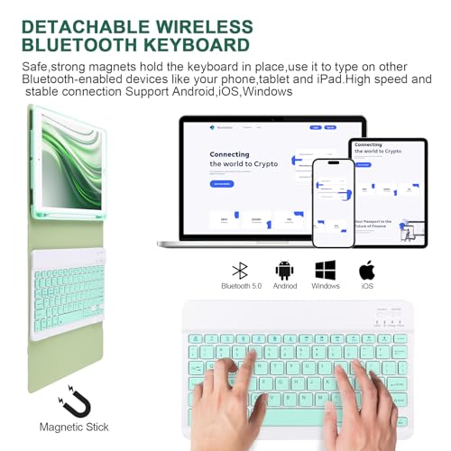 APHBZGE for iPad 6/5th Generation Case with Keyboard 2018/2017,Detachable Bluetooth Keyboard case for iPad Air 2/1,iPad Keyboard Case 9.7 inch with Pencil Holder,Square Keycaps,Green - Image 5