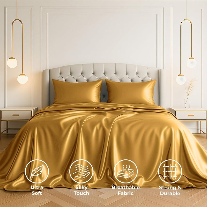 Pure Bedding Satin Sheets Queen [4-Piece, Gold] Hotel Luxury Silky Bed Sheets - Extra Soft 1800 Microfiber Sheet Set, Wrinkle, Fade, Stain Resistant - Deep Pocket Fitted Sheet, Flat Sheet, Pillow Cases - Image 2