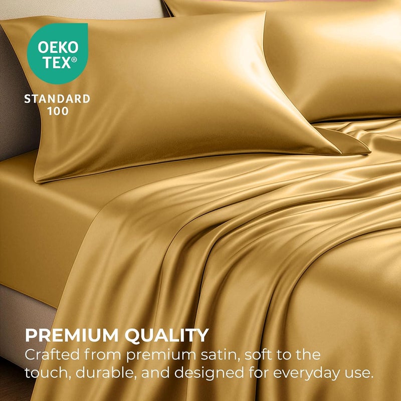 Pure Bedding Satin Sheets Queen [4-Piece, Gold] Hotel Luxury Silky Bed Sheets - Extra Soft 1800 Microfiber Sheet Set, Wrinkle, Fade, Stain Resistant - Deep Pocket Fitted Sheet, Flat Sheet, Pillow Cases - Image 5