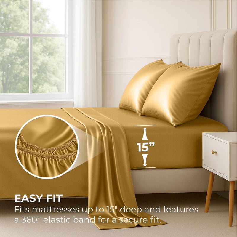 Pure Bedding Satin Sheets Queen [4-Piece, Gold] Hotel Luxury Silky Bed Sheets - Extra Soft 1800 Microfiber Sheet Set, Wrinkle, Fade, Stain Resistant - Deep Pocket Fitted Sheet, Flat Sheet, Pillow Cases - Image 3
