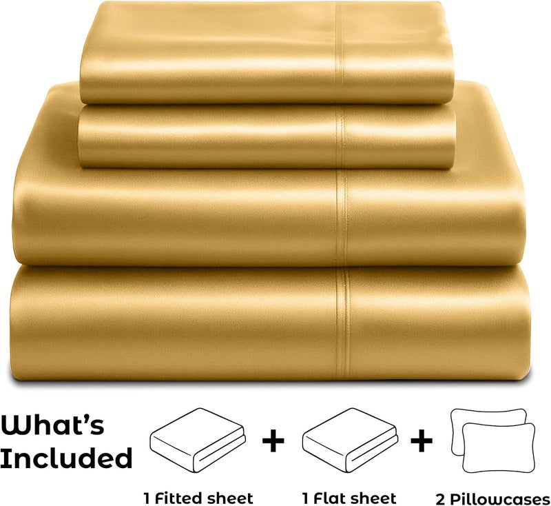 Pure Bedding Satin Sheets Queen [4-Piece, Gold] Hotel Luxury Silky Bed Sheets - Extra Soft 1800 Microfiber Sheet Set, Wrinkle, Fade, Stain Resistant - Deep Pocket Fitted Sheet, Flat Sheet, Pillow Cases - Image 4