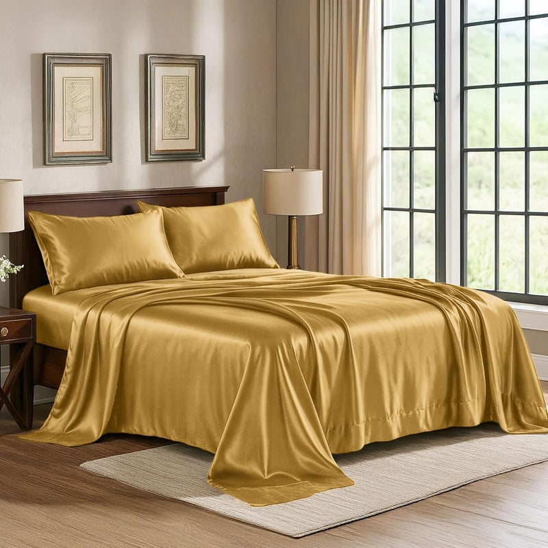 Pure Bedding Satin Sheets Queen [4-Piece, Gold] Hotel Luxury Silky Bed Sheets - Extra Soft 1800 Microfiber Sheet Set, Wrinkle, Fade, Stain Resistant - Deep Pocket Fitted Sheet, Flat Sheet, Pillow Cases - Image 1