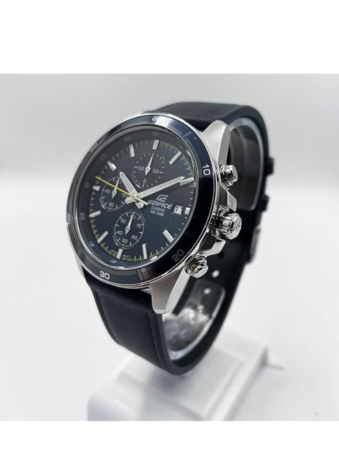 Casio Men Watch Edifice Chronograph Black Dial Date Display Leather Band EFR-526L-2CVUDF - Image 3