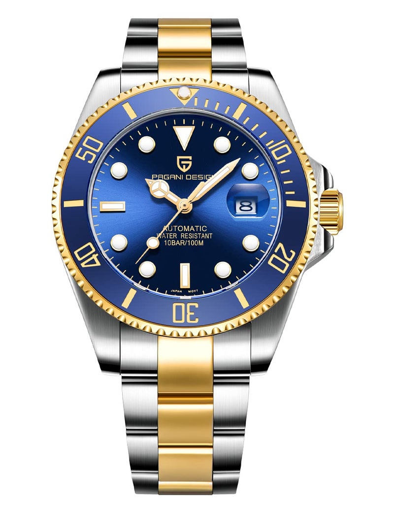 PAGRNE DESIGN Watches for Men Pagani Design 42MM Automatic Watch Mechanical Stainless Steel Waterproof Diving Watch(Golden Blue) - Image 1