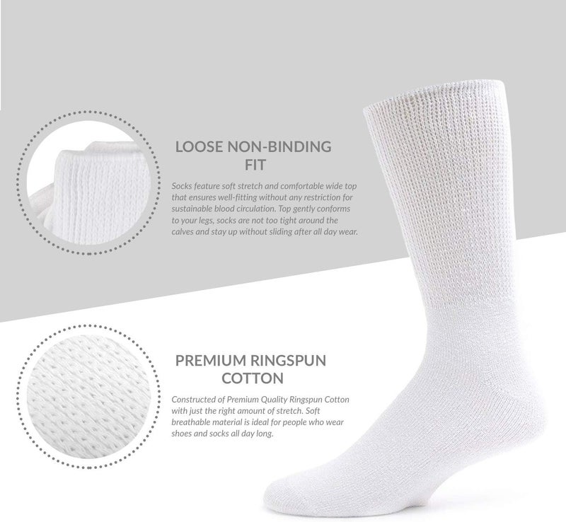 Brooklyn Socks 6 Pairs of Premium Cotton Loose Top Diabetic Neuropathy Crew Socks Seamless Toe 1013 White - Image 4