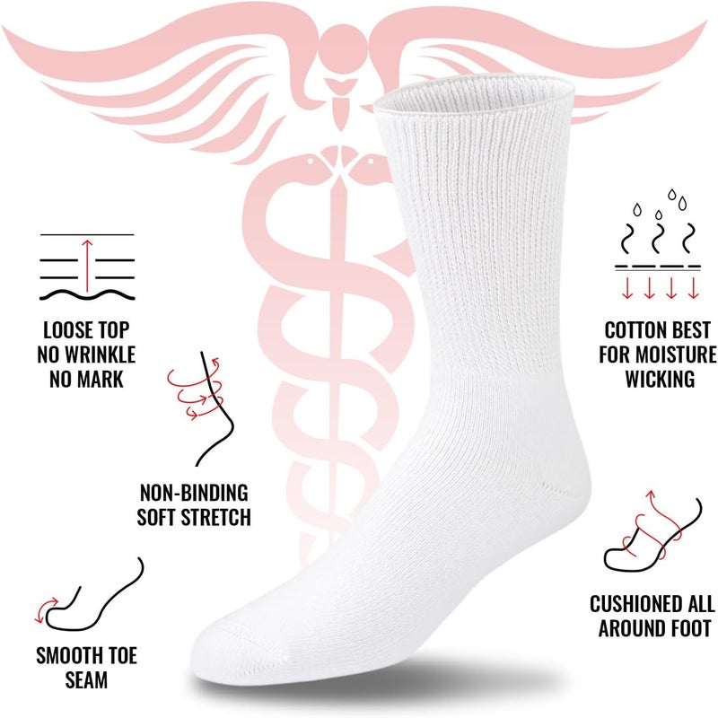 Brooklyn Socks 6 Pairs of Premium Cotton Loose Top Diabetic Neuropathy Crew Socks Seamless Toe 1013 White - Image 2