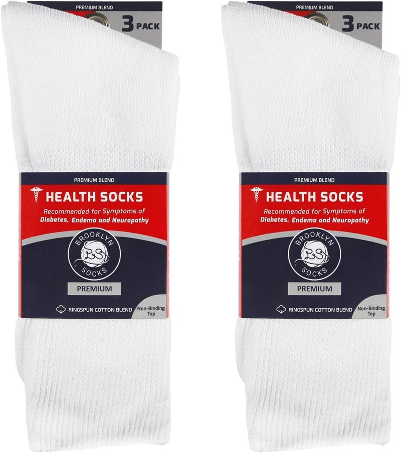 Brooklyn Socks 6 Pairs of Premium Cotton Loose Top Diabetic Neuropathy Crew Socks Seamless Toe 1013 White - Image 5