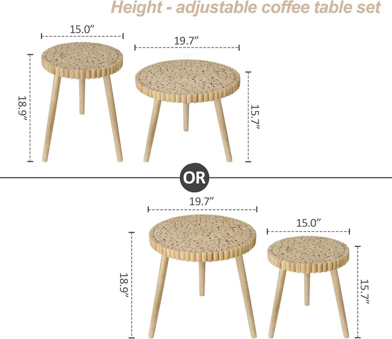 ZYBT Round Coffee Table Set of 2, Farmhouse Nesting Coffee Table, Small Circle Wood Coffee Table, Mid Century Modern Nightstand, Boho Patio Side Table End Tables for Living Room Bedroom Balcony Outdoor - Image 3