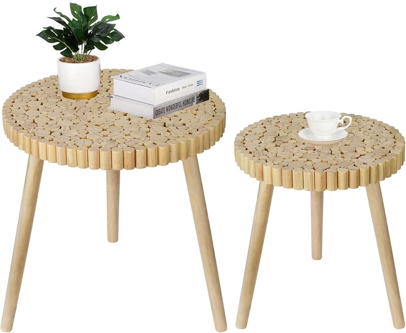 ZYBT Round Coffee Table Set of 2, Farmhouse Nesting Coffee Table, Small Circle Wood Coffee Table, Mid Century Modern Nightstand, Boho Patio Side Table End Tables for Living Room Bedroom Balcony Outdoor - Image 1