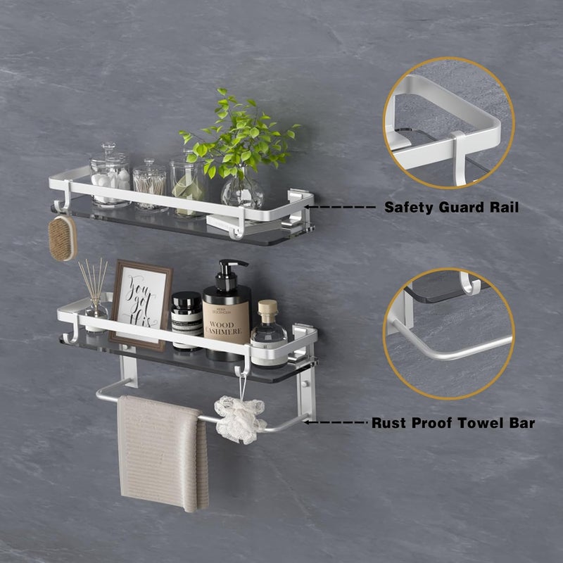 VOLPONE Glass Shelf for Bathroom 15.7 in Bathroom Shelves with Towel Bar Tempered Glass Shelves with 4 Removable Hooks for Wall（2 Tier） - Image 3