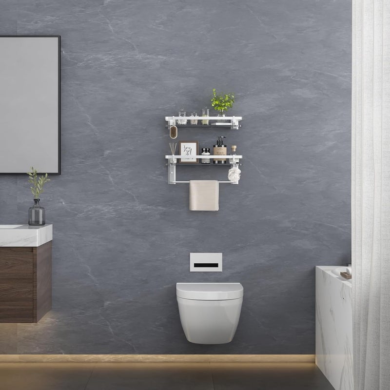 VOLPONE Glass Shelf for Bathroom 15.7 in Bathroom Shelves with Towel Bar Tempered Glass Shelves with 4 Removable Hooks for Wall（2 Tier） - Image 2
