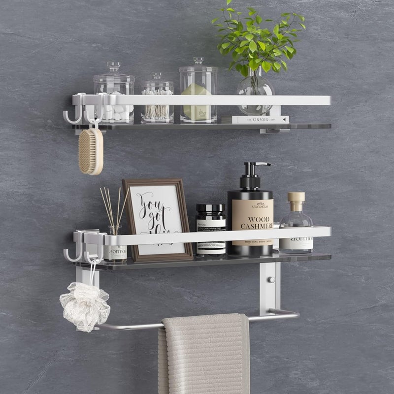 VOLPONE Glass Shelf for Bathroom 15.7 in Bathroom Shelves with Towel Bar Tempered Glass Shelves with 4 Removable Hooks for Wall（2 Tier） - Image 1