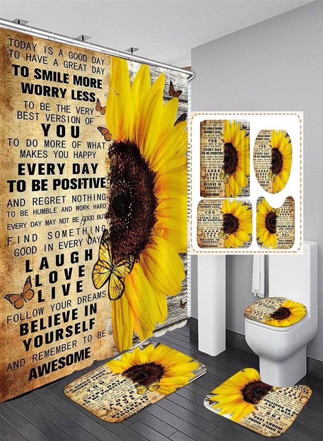 AZHM 4pcs Shower Curtain Sets with Rugs Sunflower Bathroom Set Decor Inspirational Quotes Bathroom Curtains Shower Set with Rugs and Accessories - Image 1
