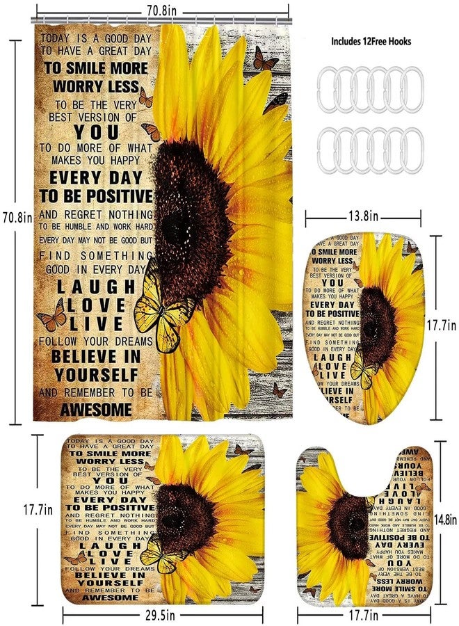 AZHM 4pcs Shower Curtain Sets with Rugs Sunflower Bathroom Set Decor Inspirational Quotes Bathroom Curtains Shower Set with Rugs and Accessories - Image 2