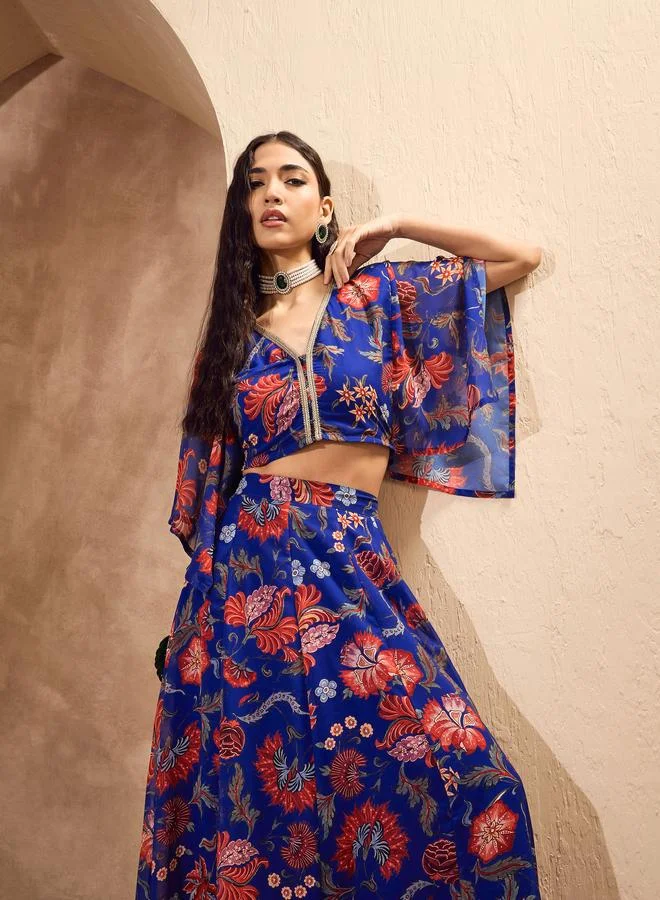 SASSAFRAS Sassafras Blue Floral Print V-Neck Crop Top with Anarkali Skirt Co-Ords