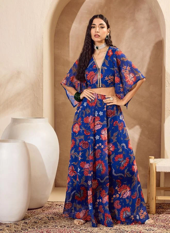 SASSAFRAS Sassafras Blue Floral Print V-Neck Crop Top with Anarkali Skirt Co-Ords
