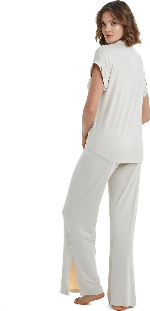 بلاك سباد Women's Short Sleeve Front Button Beige Pajama Set C9T7N3O15-