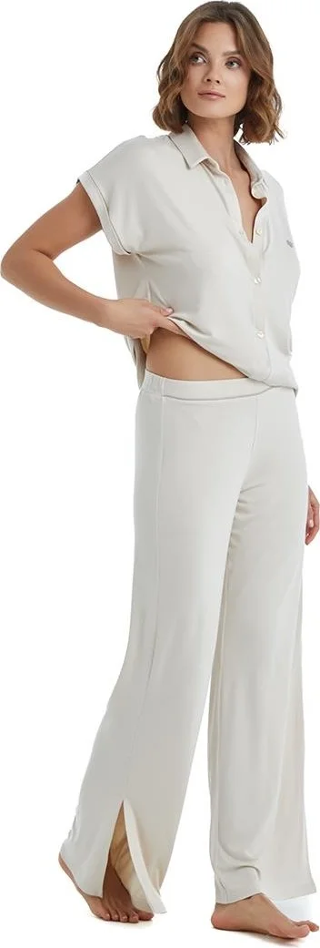 بلاك سباد Women's Short Sleeve Front Button Beige Pajama Set C9T7N3O15-