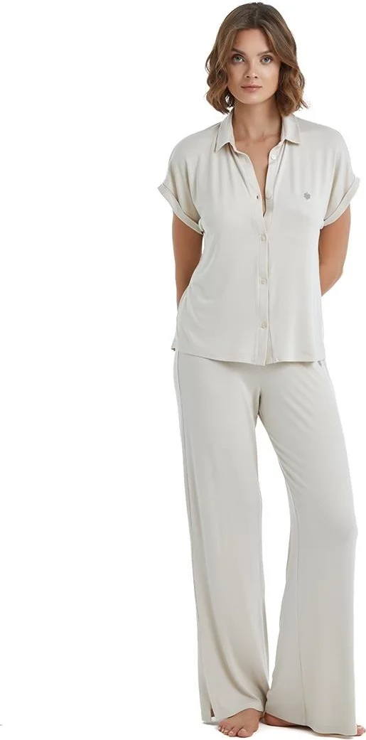 بلاك سباد Women's Short Sleeve Front Button Beige Pajama Set C9T7N3O15-
