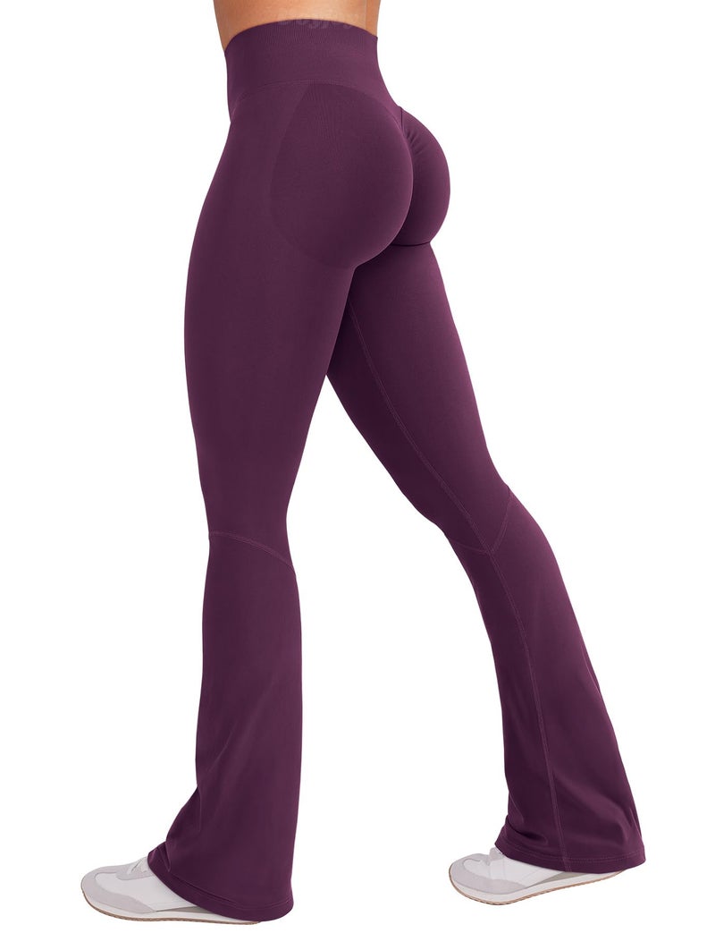 VOYJOY Women Mini Flared Leggings Hidden Scrunch Gym Pants Impact Seamless Workout Butt Lift Compression Flare Bootcut Black Cherry S - Image 1