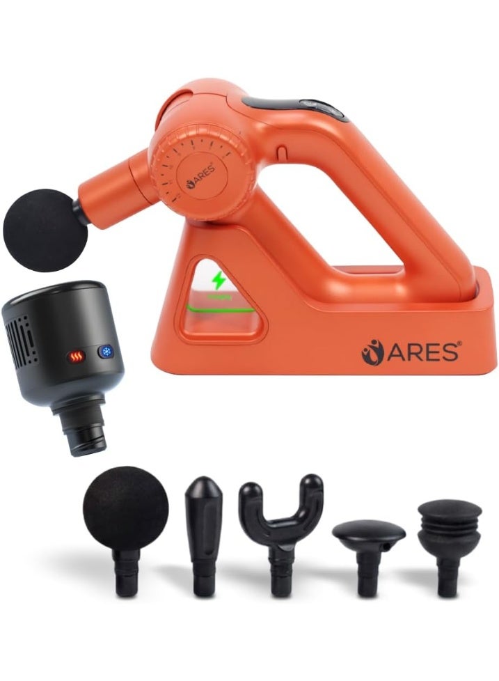 ARES uThera Gun Massager, 5 Speeds, 6 Interchangeable Heads, Hot & Cold Head, Adjustable Amplitude, Battery Powered, for Back and Muscle Recovery
