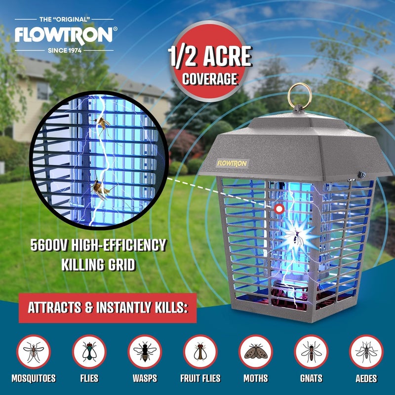 Flowtron Electric Bug Zapper 1/2 Acre Outdoor Insect Control with Dual Lure Method, 15W UV Light & Octenol Attractant for Fly & Mosquito, 5600V Kill Grid, Made in USA, UL Certified - Grey Color - Image 4