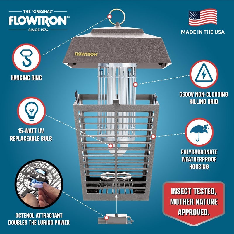 Flowtron Electric Bug Zapper 1/2 Acre Outdoor Insect Control with Dual Lure Method, 15W UV Light & Octenol Attractant for Fly & Mosquito, 5600V Kill Grid, Made in USA, UL Certified - Grey Color - Image 2